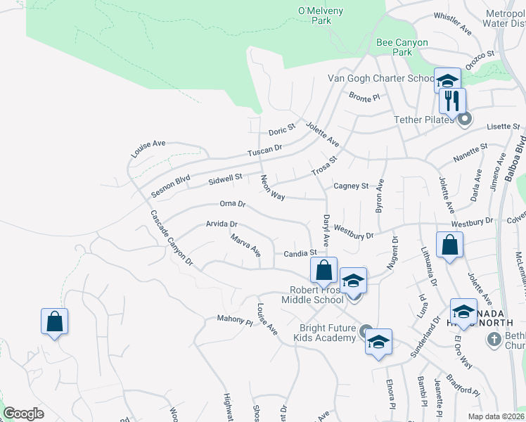 map of restaurants, bars, coffee shops, grocery stores, and more near 17573 Orna Drive in Los Angeles