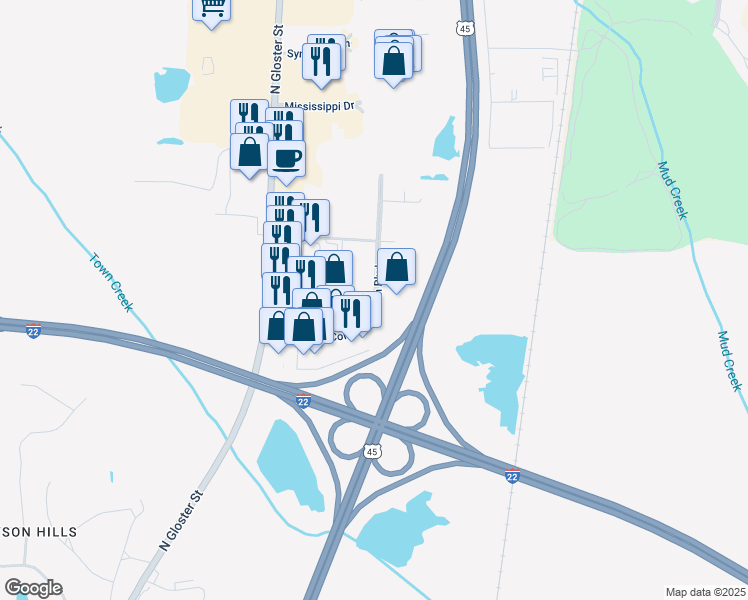 map of restaurants, bars, coffee shops, grocery stores, and more near Commonwealth Boulevard in Tupelo