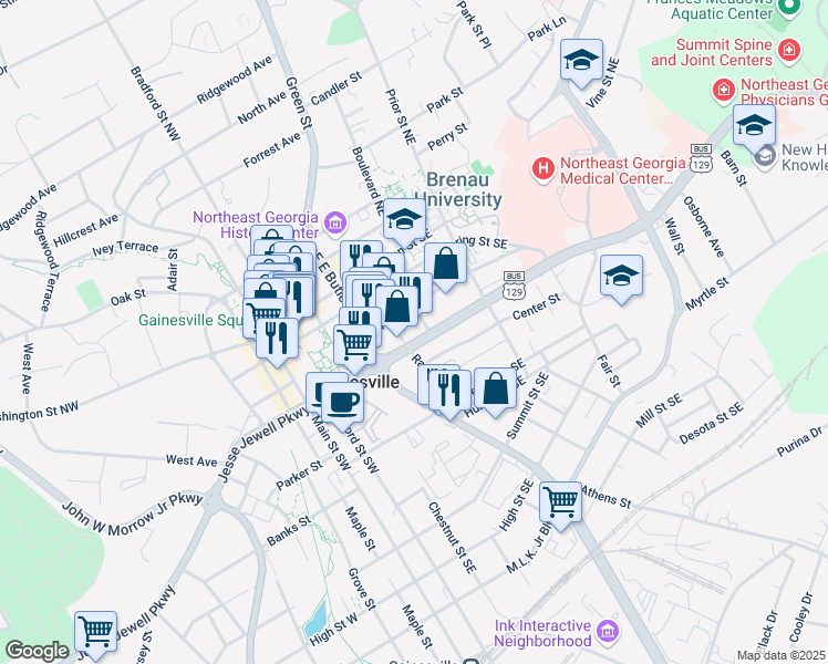 map of restaurants, bars, coffee shops, grocery stores, and more near 333 Jesse Jewell Parkway in Gainesville