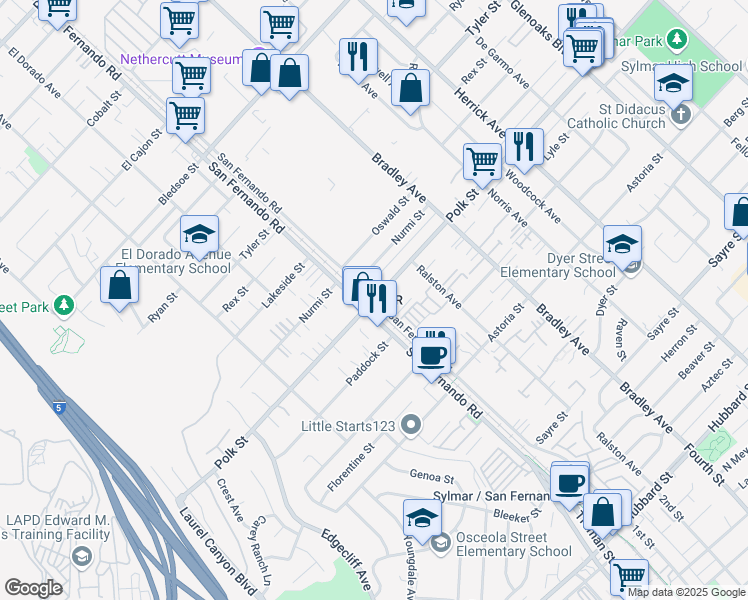 map of restaurants, bars, coffee shops, grocery stores, and more near 13120 Bradley Avenue in Los Angeles