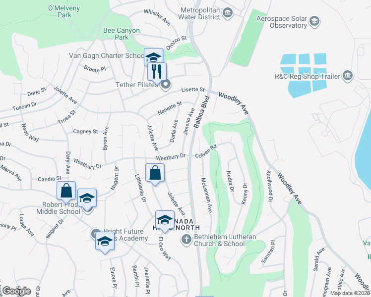 map of restaurants, bars, coffee shops, grocery stores, and more near 12610 Jimeno Avenue in Los Angeles