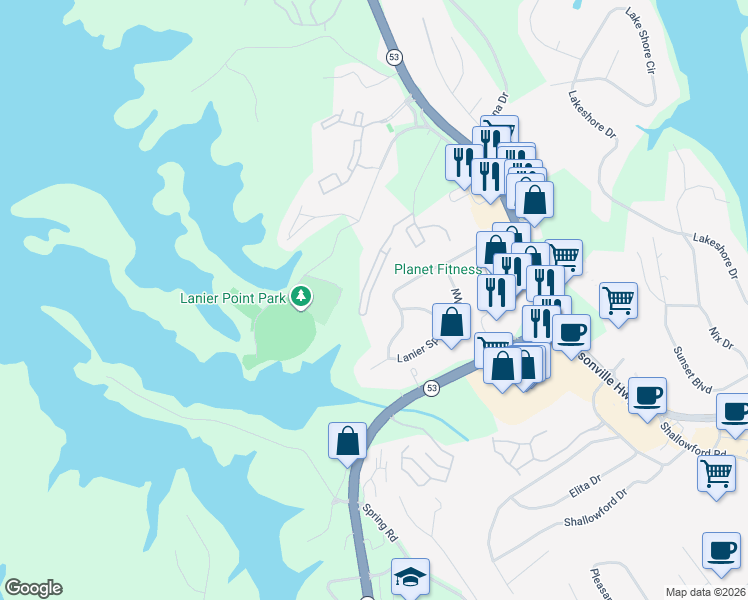 map of restaurants, bars, coffee shops, grocery stores, and more near 1534 Bluff Valley Circle in Gainesville