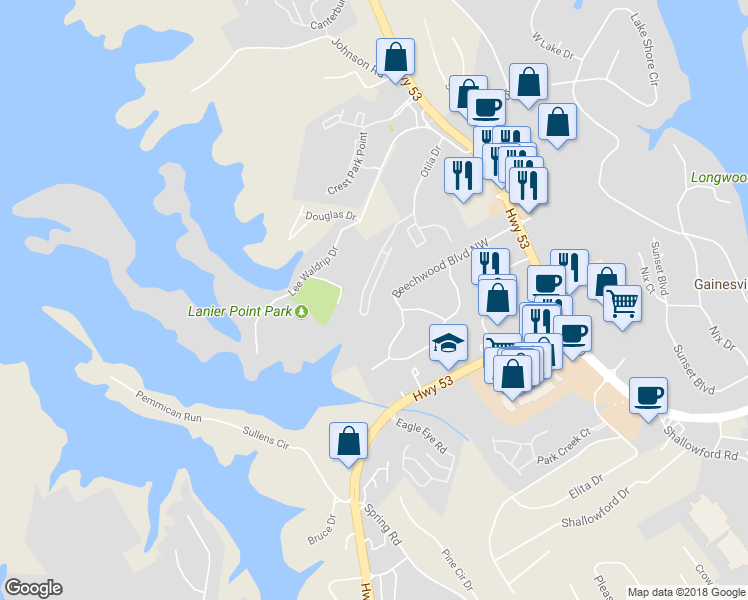 map of restaurants, bars, coffee shops, grocery stores, and more near 1534 Bluff Valley Circle in Gainesville