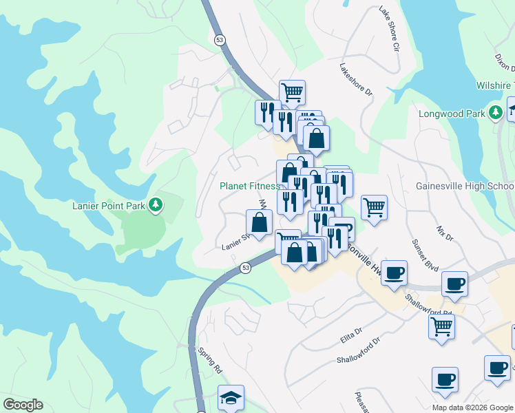 map of restaurants, bars, coffee shops, grocery stores, and more near 1756 Lanier Springs Drive Northwest in Gainesville