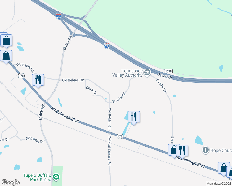map of restaurants, bars, coffee shops, grocery stores, and more near 2817 Old Belden Circle in Tupelo