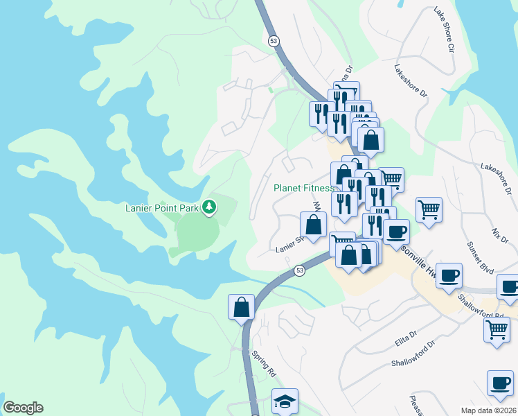 map of restaurants, bars, coffee shops, grocery stores, and more near 1536 Bluff Valley Circle in Gainesville
