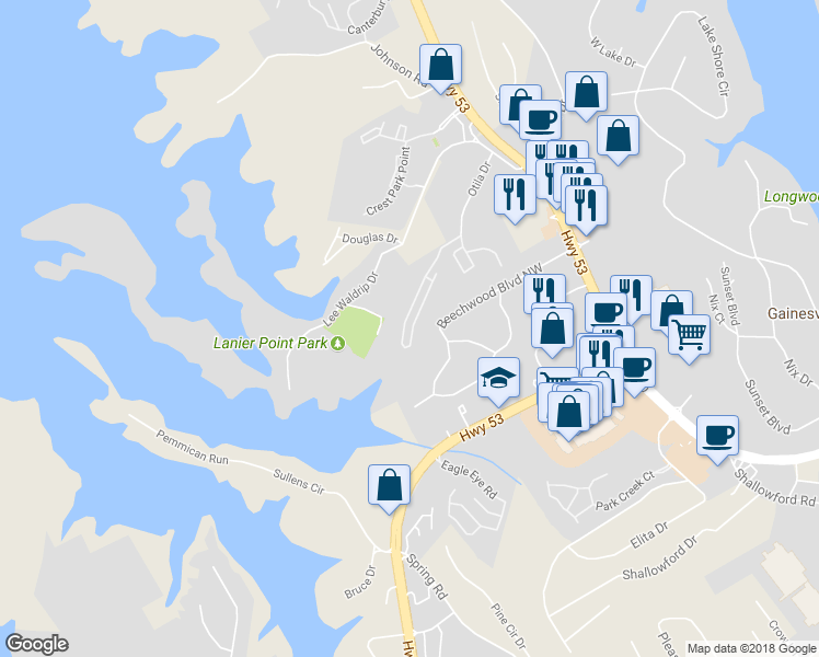 map of restaurants, bars, coffee shops, grocery stores, and more near 1487 Bluff Valley Circle in Gainesville