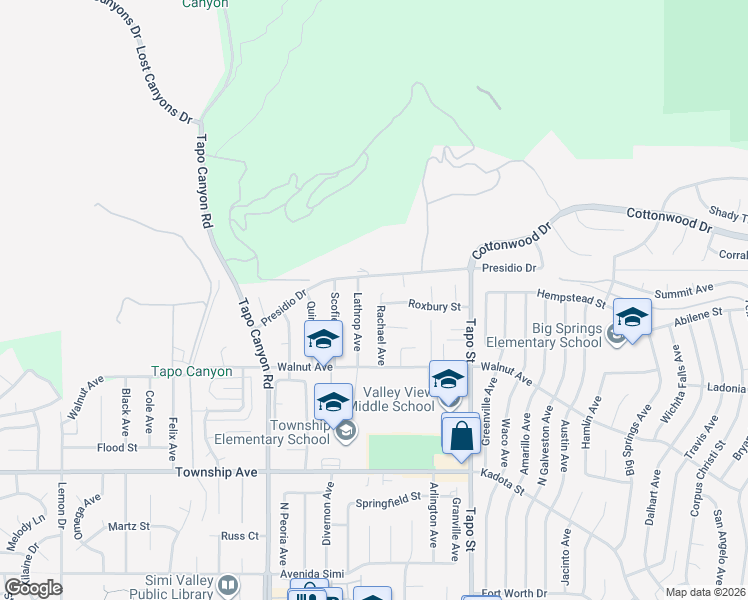 map of restaurants, bars, coffee shops, grocery stores, and more near 3581 Rachael Avenue in Simi Valley