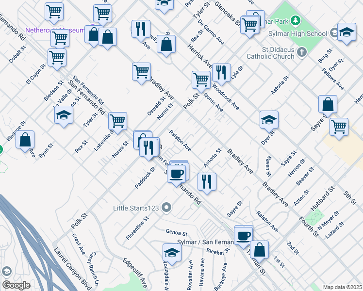 map of restaurants, bars, coffee shops, grocery stores, and more near 12576 San Fernando Road in Los Angeles