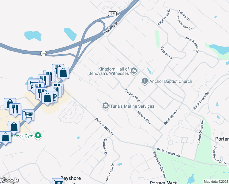 map of restaurants, bars, coffee shops, grocery stores, and more near 614 Winery Way in Wilmington