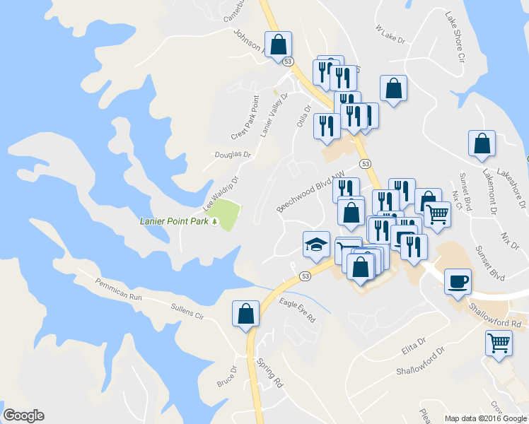 map of restaurants, bars, coffee shops, grocery stores, and more near 1536 Bluff Valley Circle in Gainesville