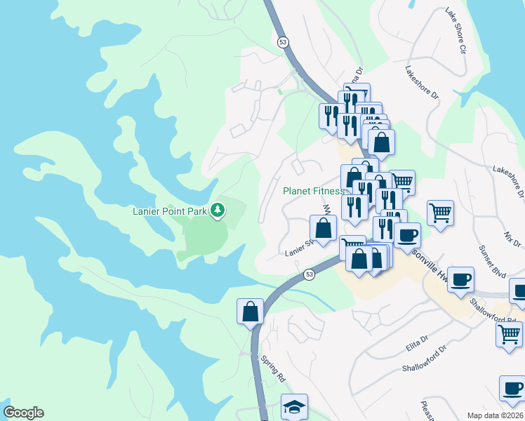 map of restaurants, bars, coffee shops, grocery stores, and more near 1487 Bluff Valley Circle in Gainesville