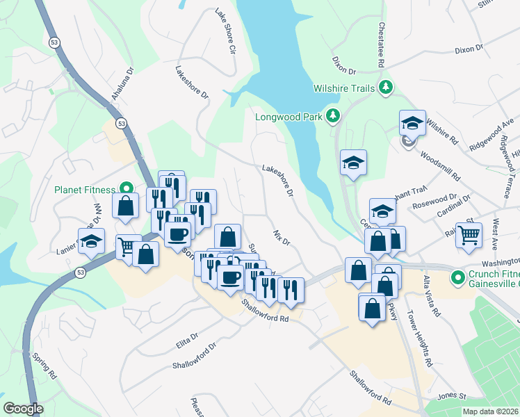 map of restaurants, bars, coffee shops, grocery stores, and more near 807 Nix Drive in Gainesville