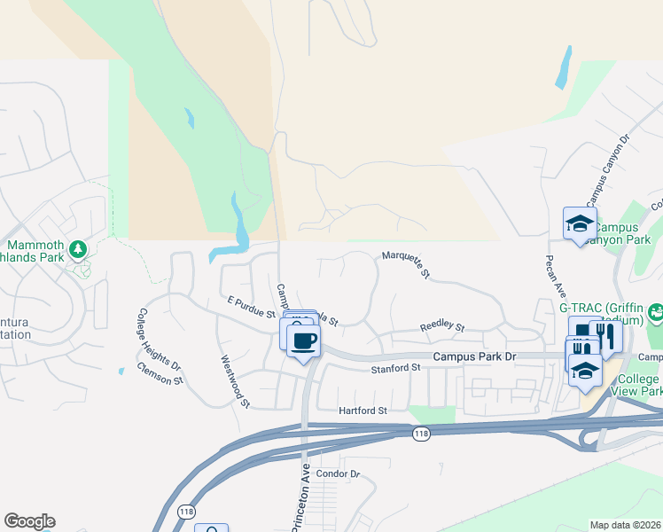 map of restaurants, bars, coffee shops, grocery stores, and more near 14640 Marymount Street in Moorpark