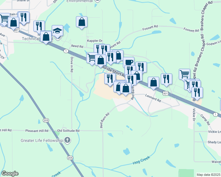 map of restaurants, bars, coffee shops, grocery stores, and more near 11697 U.S. 431 in Guntersville