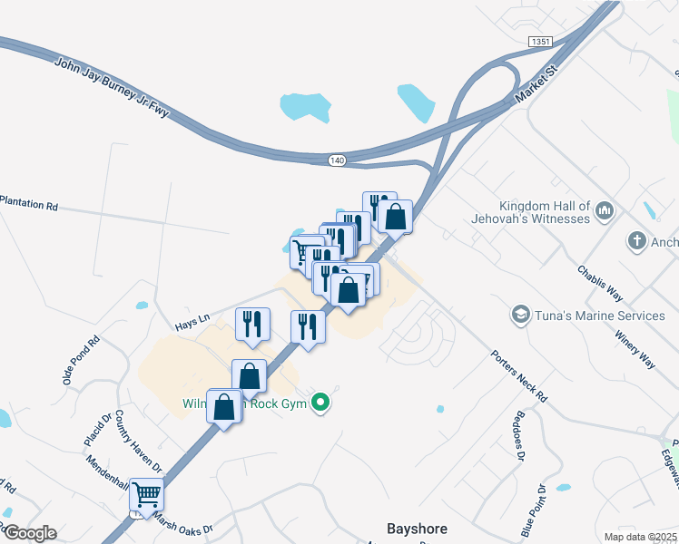 map of restaurants, bars, coffee shops, grocery stores, and more near 8211 Market Street in Wilmington