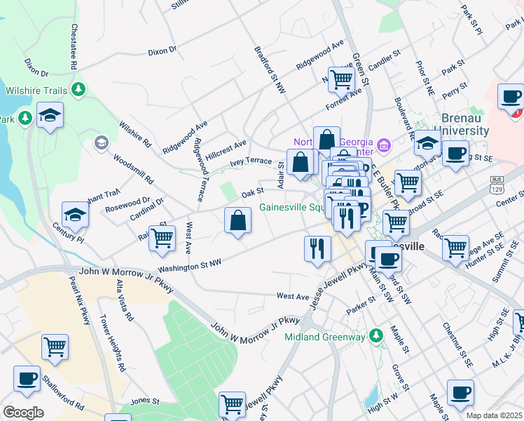 map of restaurants, bars, coffee shops, grocery stores, and more near 528 Washington Street Northwest in Gainesville
