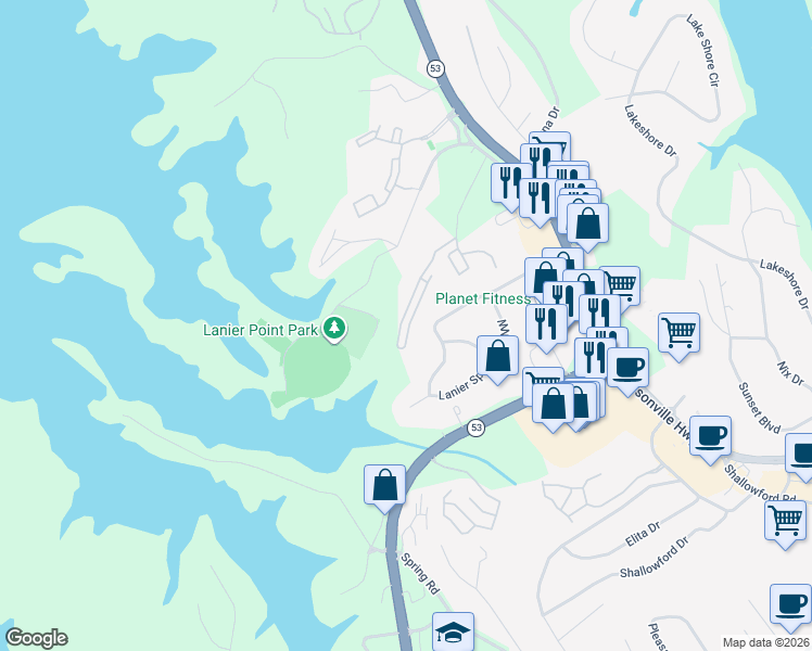 map of restaurants, bars, coffee shops, grocery stores, and more near 1483 Bluff Valley Circle in Gainesville