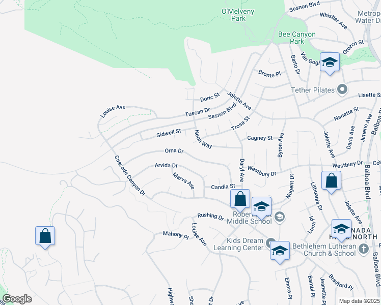 map of restaurants, bars, coffee shops, grocery stores, and more near 17621 Orna Drive in Los Angeles