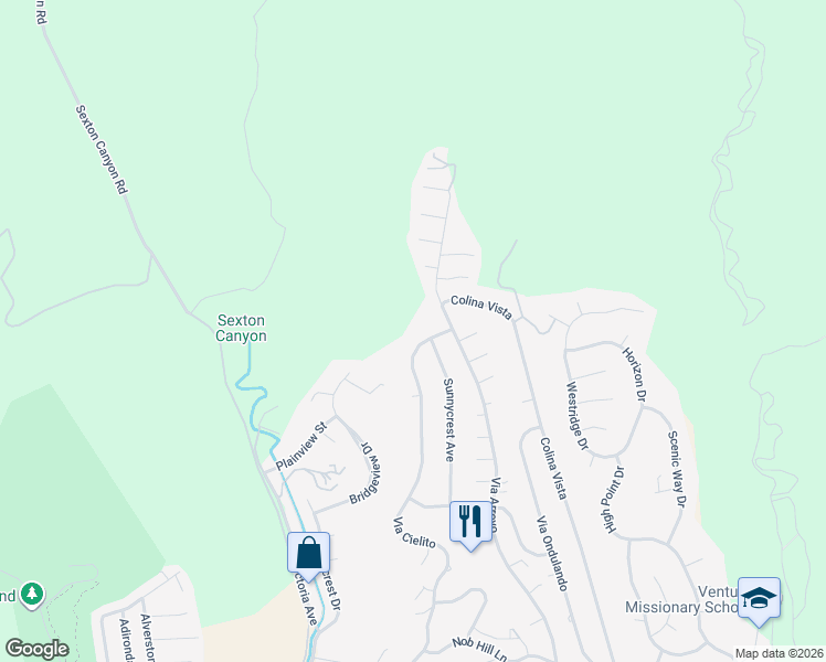 map of restaurants, bars, coffee shops, grocery stores, and more near 1251 Via Cielito in Ventura