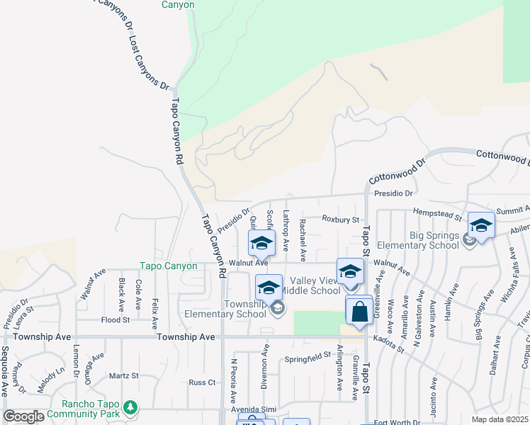 map of restaurants, bars, coffee shops, grocery stores, and more near 3583 Scofield Avenue in Simi Valley