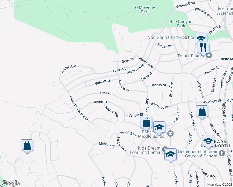 map of restaurants, bars, coffee shops, grocery stores, and more near 17621 Orna Drive in Los Angeles