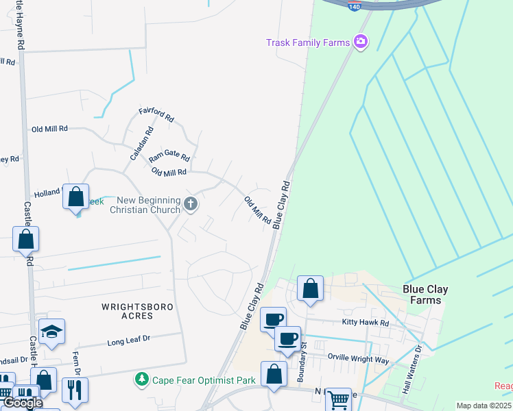 map of restaurants, bars, coffee shops, grocery stores, and more near 3215 White Wood Way in Castle Hayne
