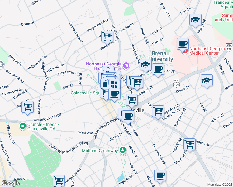 map of restaurants, bars, coffee shops, grocery stores, and more near 109 Green Street Northeast in Gainesville