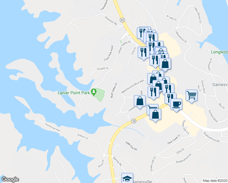 map of restaurants, bars, coffee shops, grocery stores, and more near 1479 Bluff Valley Circle in Gainesville