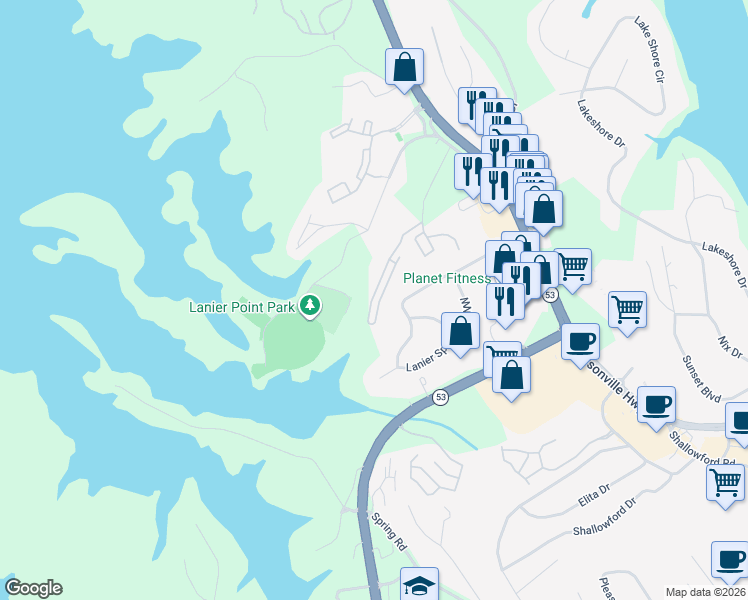 map of restaurants, bars, coffee shops, grocery stores, and more near 1481 Bluff Valley Circle in Gainesville