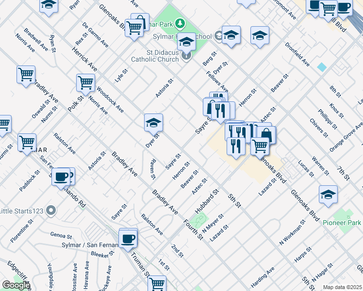 map of restaurants, bars, coffee shops, grocery stores, and more near 12644 Herrick Avenue in Los Angeles