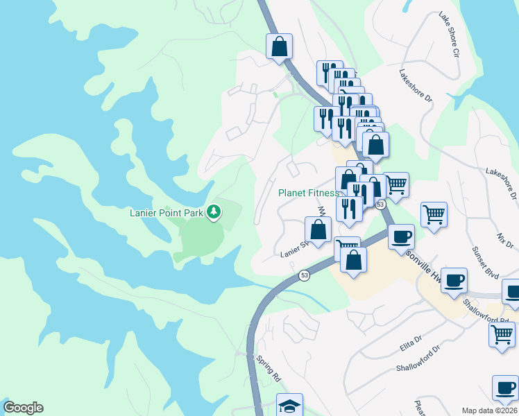 map of restaurants, bars, coffee shops, grocery stores, and more near 1479 Bluff Valley Cir in Gainesville