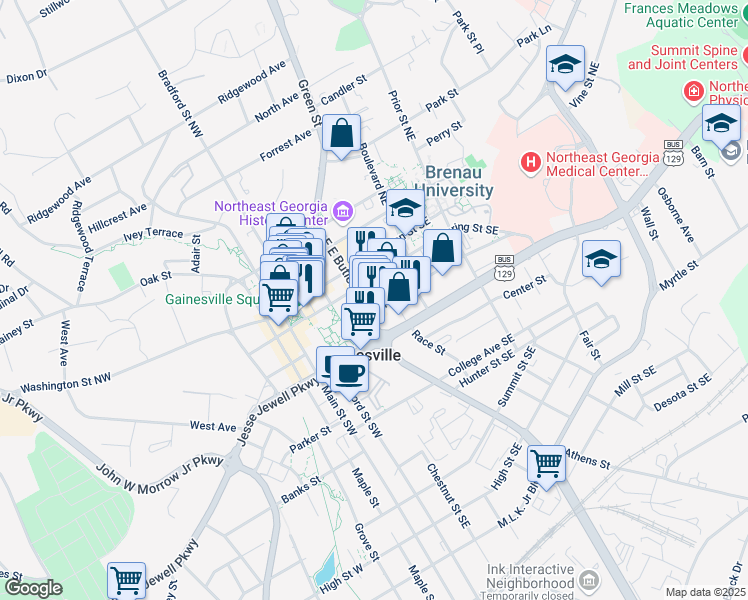 map of restaurants, bars, coffee shops, grocery stores, and more near 404 Spring Street Southeast in Gainesville