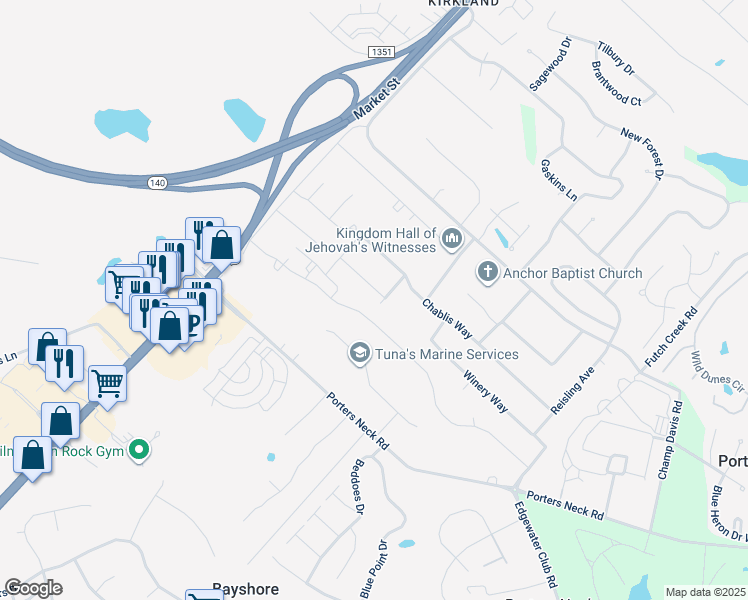 map of restaurants, bars, coffee shops, grocery stores, and more near Lady Bug Drive in Shallotte