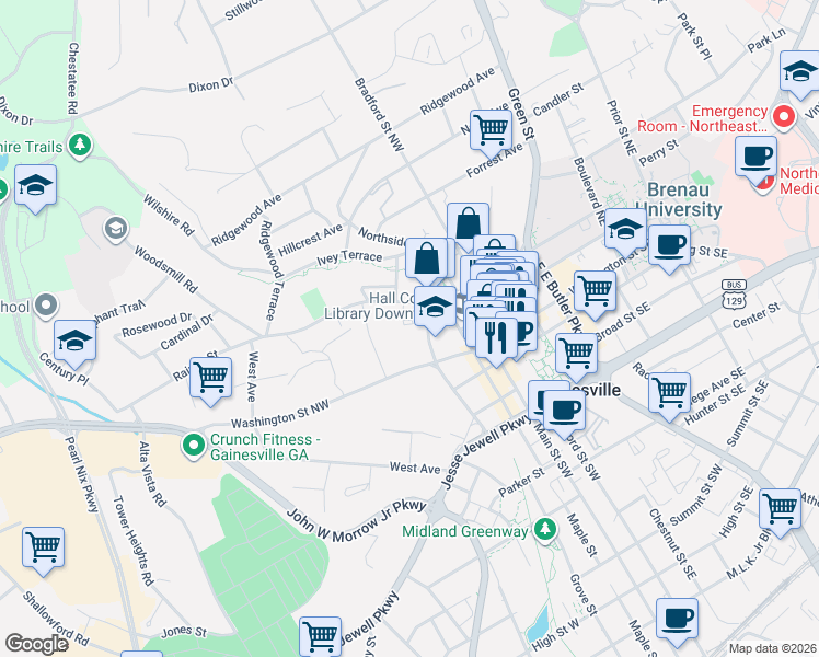 map of restaurants, bars, coffee shops, grocery stores, and more near 341 Oak Street in Gainesville