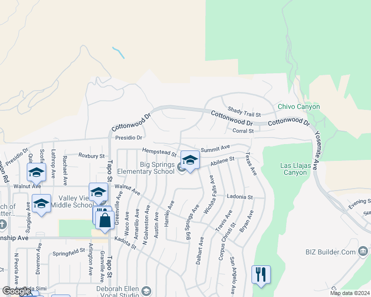 map of restaurants, bars, coffee shops, grocery stores, and more near 4703 Summit Avenue in Simi Valley
