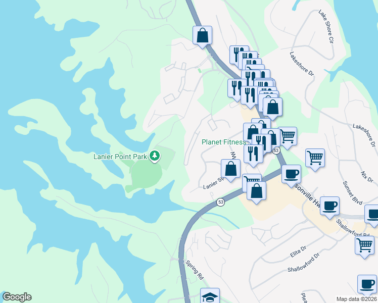 map of restaurants, bars, coffee shops, grocery stores, and more near 1475 Bluff Valley Circle in Gainesville