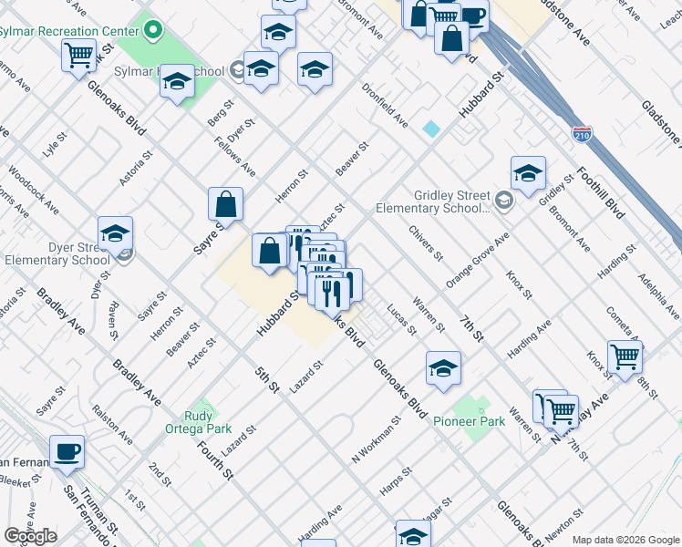 map of restaurants, bars, coffee shops, grocery stores, and more near 2041 Lucas Street in San Fernando