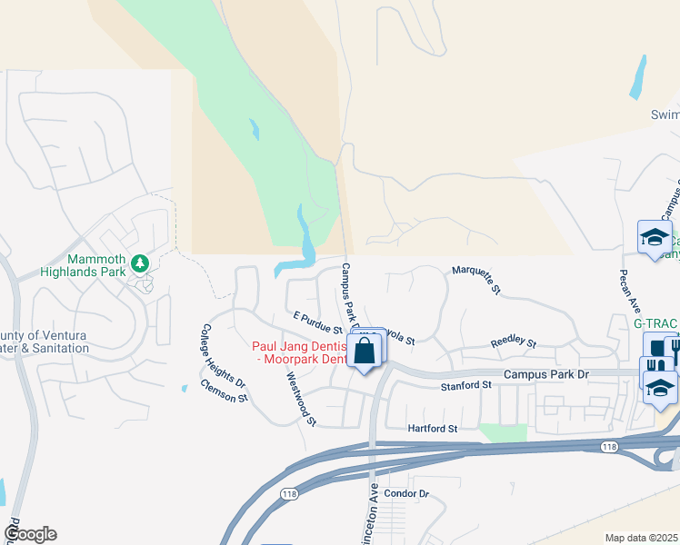 map of restaurants, bars, coffee shops, grocery stores, and more near 14494 Cambridge Street in Moorpark
