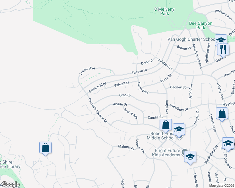 map of restaurants, bars, coffee shops, grocery stores, and more near 17717 Orna Drive in Los Angeles