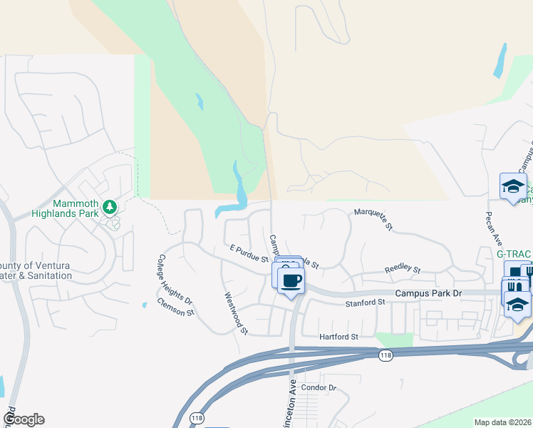 map of restaurants, bars, coffee shops, grocery stores, and more near 14495 Cambridge Street in Moorpark