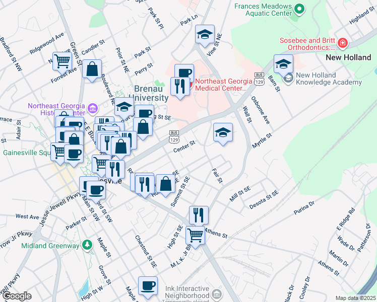 map of restaurants, bars, coffee shops, grocery stores, and more near 502 Boone Street Southeast in Gainesville