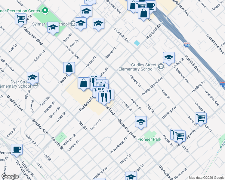 map of restaurants, bars, coffee shops, grocery stores, and more near 2041 Lucas Street in San Fernando