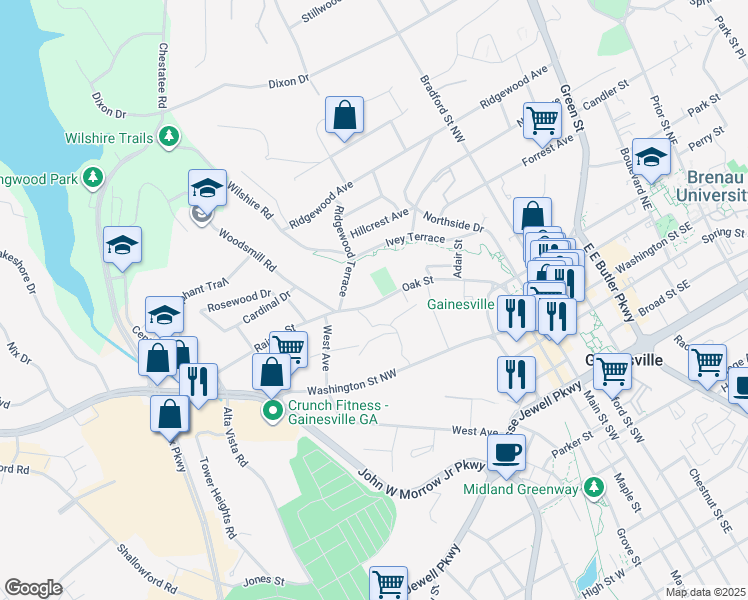 map of restaurants, bars, coffee shops, grocery stores, and more near 706 Oak Street in Gainesville