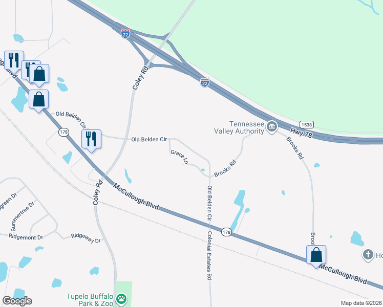 map of restaurants, bars, coffee shops, grocery stores, and more near 2952 Old Belden Circle in Tupelo