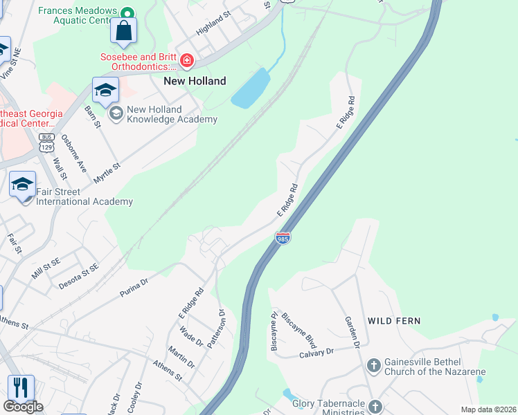 map of restaurants, bars, coffee shops, grocery stores, and more near 1179 E Ridge Rd in Gainesville