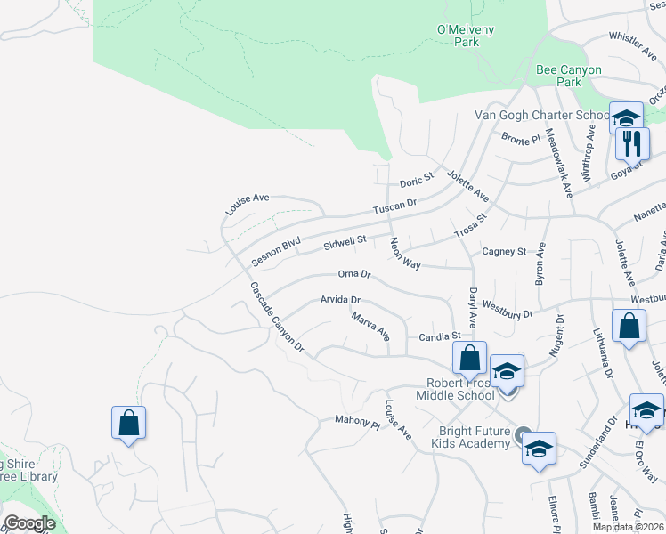 map of restaurants, bars, coffee shops, grocery stores, and more near 17717 Orna Drive in Los Angeles