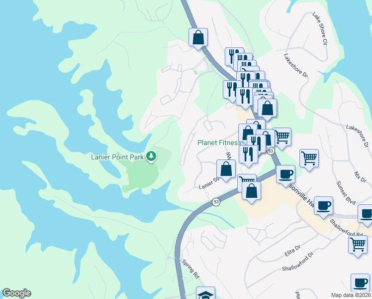 map of restaurants, bars, coffee shops, grocery stores, and more near 1467 Bluff Valley Circle in Gainesville