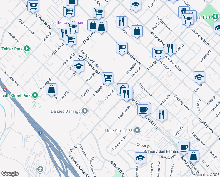 map of restaurants, bars, coffee shops, grocery stores, and more near 12723 San Fernando Road Bike Path in Los Angeles