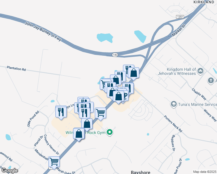 map of restaurants, bars, coffee shops, grocery stores, and more near 8211 Market Street in Wilmington